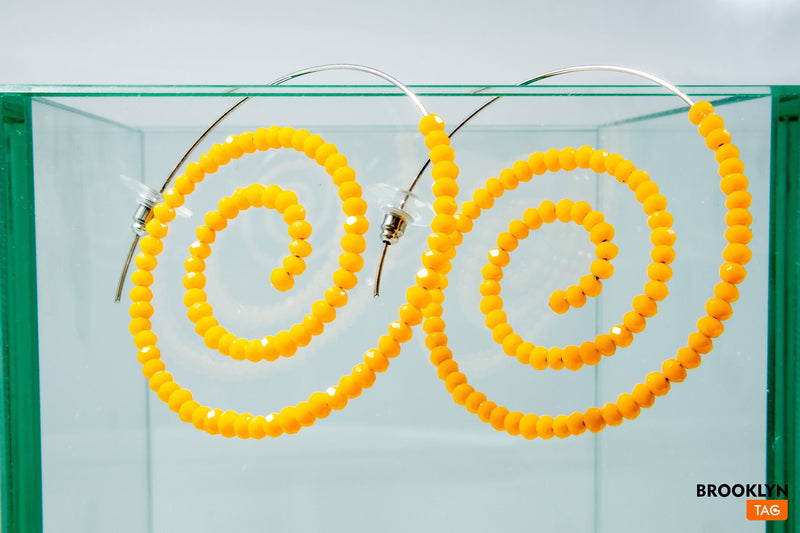 Spiral Earrings in Yellow, Threader Hoops, Yellow Statement Earrings, Minimalist Earrings, Crystal Beads Hoop Earrings, Gift For Her