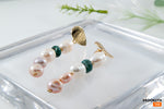 Pearl Earrings Long, Statement earrings with pearls and jade, Modern Pearl earrings, Gold Pearl Long studs, Gift for her