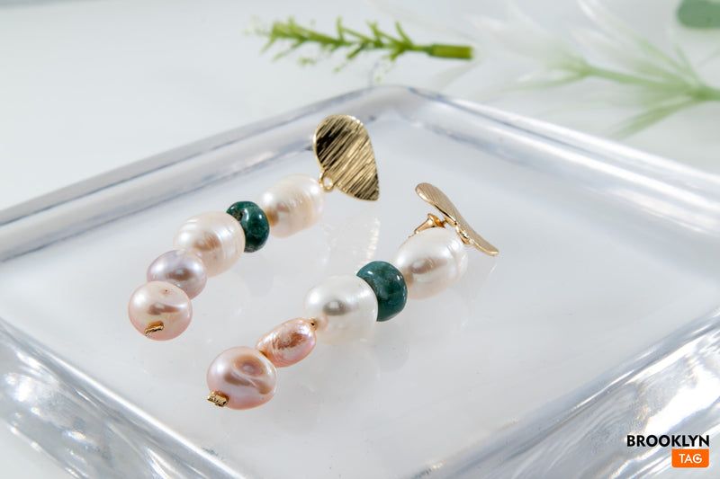 Pearl Earrings Long, Statement earrings with pearls and jade, Modern Pearl earrings, Gold Pearl Long studs, Gift for her