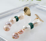 Pearl Earrings Long, Statement earrings with pearls and jade, Modern Pearl earrings, Gold Pearl Long studs, Gift for her