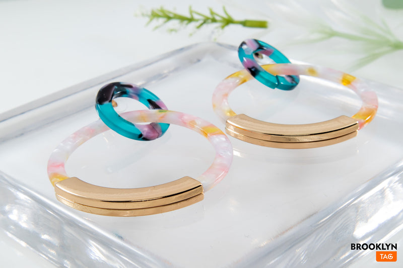 Circle Stud Earrings in Pink and Turquoise, Statement Dangle Earrings, Pink Gold Earrings, Round Resin Earrings, Drop Earrings