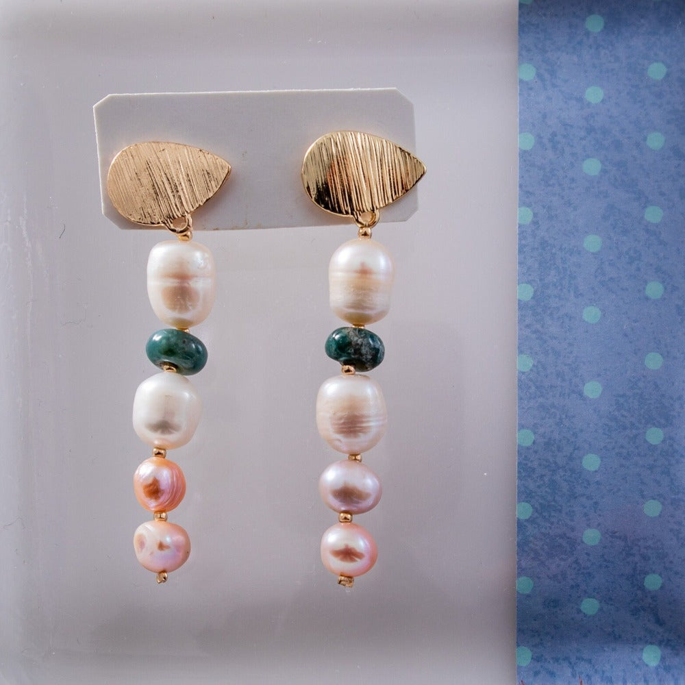 Pearl Earrings Long, Statement earrings with pearls and jade, Modern Pearl earrings, Gold Pearl Long studs, Gift for her