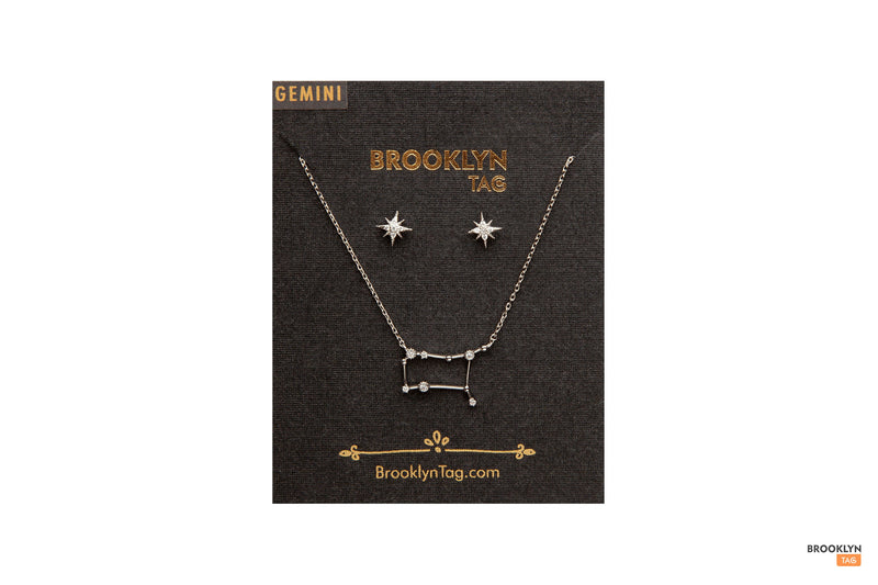 Gemini Birthday Gift Idea, Gemini Zodiac Constellation Jewelry, 18k Gold Plated Necklace and Star Studs Set