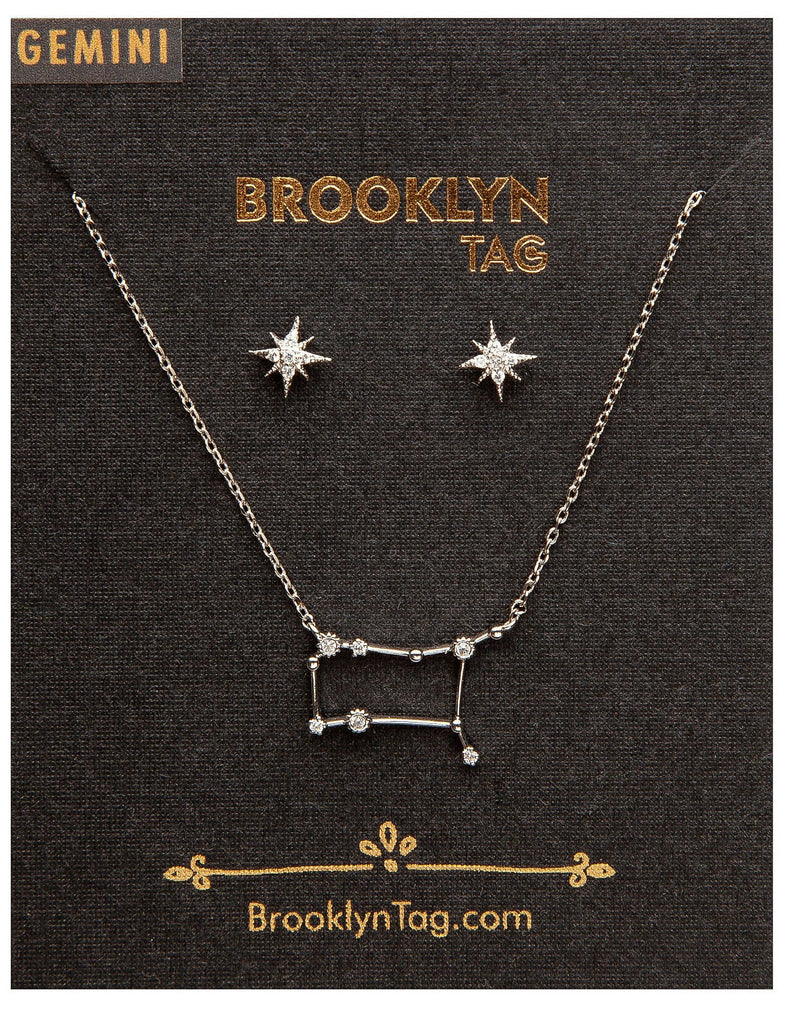 Gemini Birthday Gift Idea, Gemini Zodiac Constellation Jewelry, 18k Gold Plated Necklace and Star Studs Set