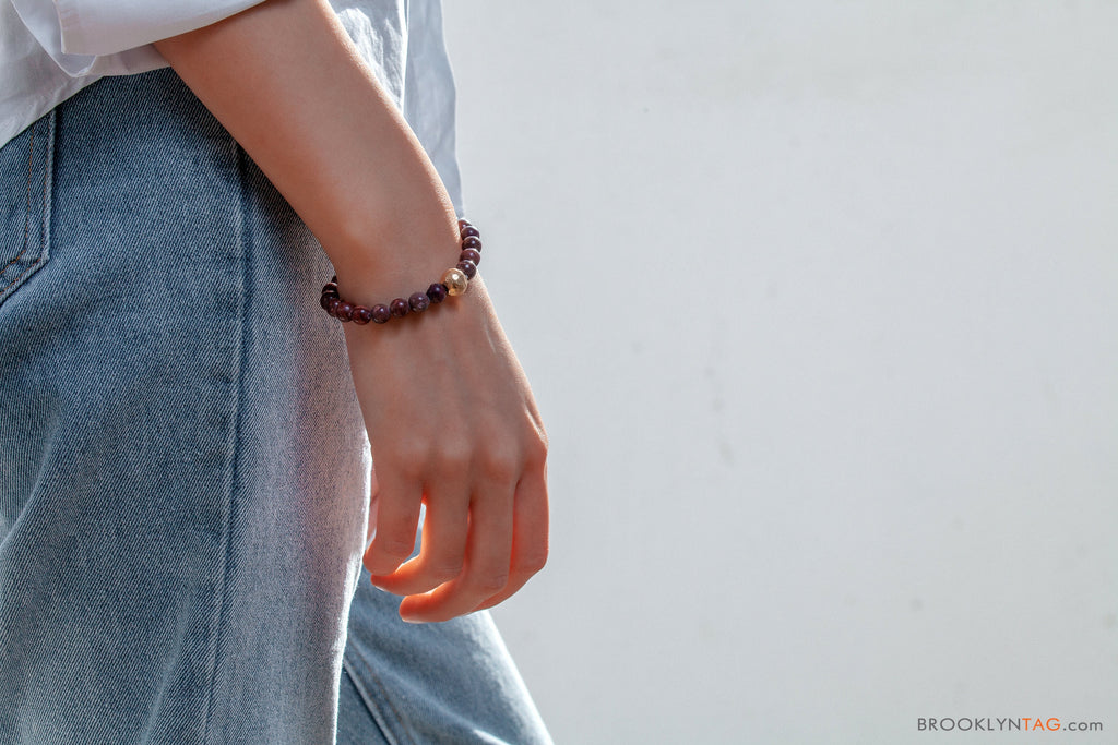 Natural Beaded Bracelet, Semiprecious Stones Bracelet, Dark Red stones bracelet with gold charm, Unisex Beaded Bracelet, stacking bracelet