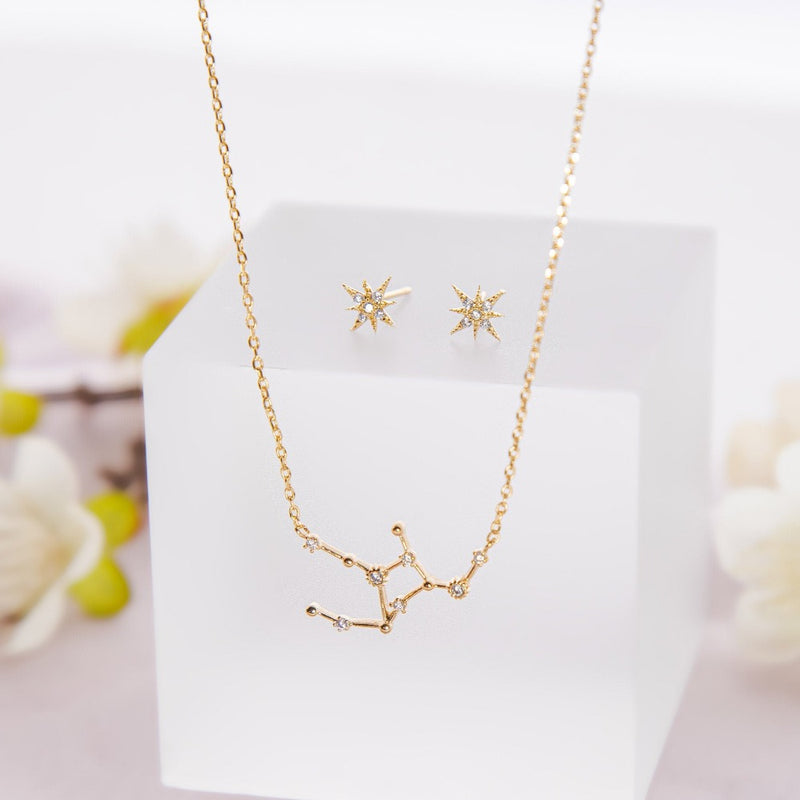 Virgo Zodiac Necklace, Constellation Jewelry, 18k Gold Plated Necklace and Star Studs Set, Virgo Gift