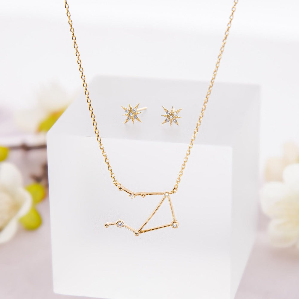 Libra Zodiac Necklace, Constellation Jewelry, 18k Gold Plated Necklace and Star Studs Set, Libra Gift