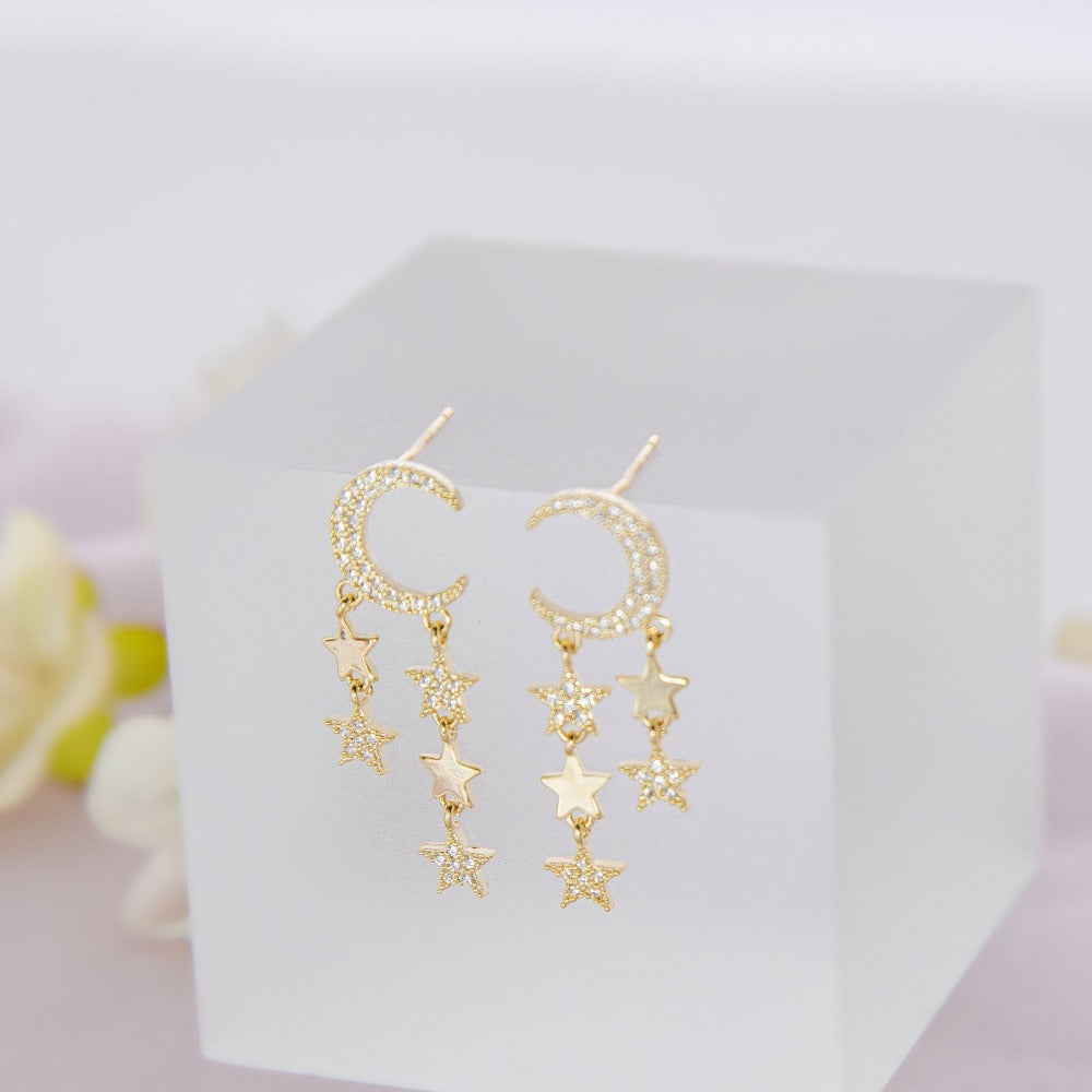 Moon and Star Studs with Zircon, Paved Moon studs with crystals, 14k gold plated Small Earrings, Dainty Earrings, Gift for her