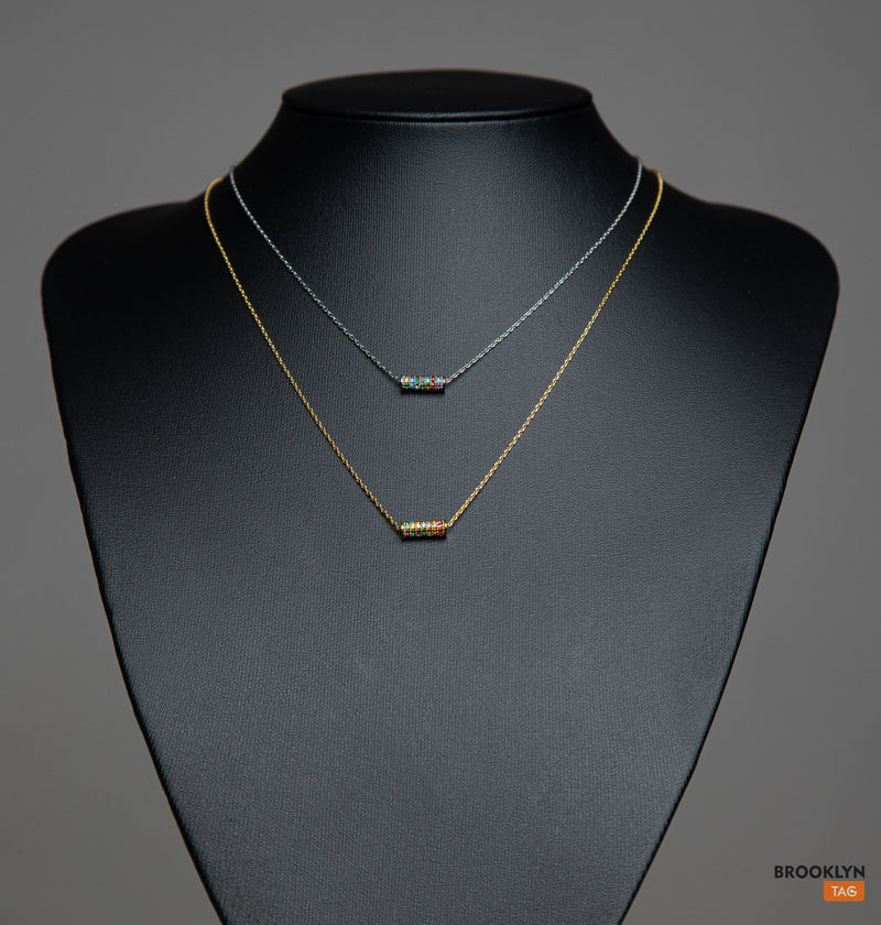 Paved Pendant Necklace, Colorful Bar Necklace, 14k Gold Plated Charm necklace, LGBT Gift Idea, Dainty necklace with charm