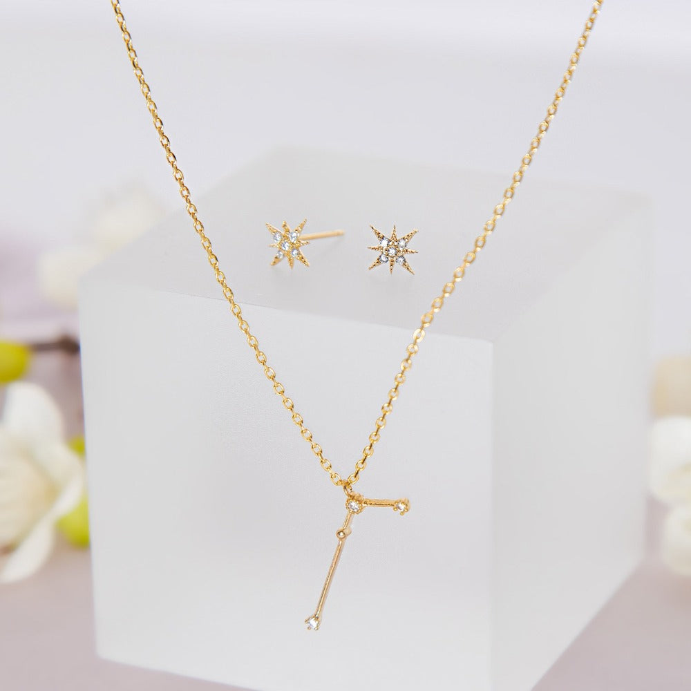 Aries Zodiac Constellation Jewelry, 18k Gold Plated Necklace and Star Studs Set, Aries Birthday Gift