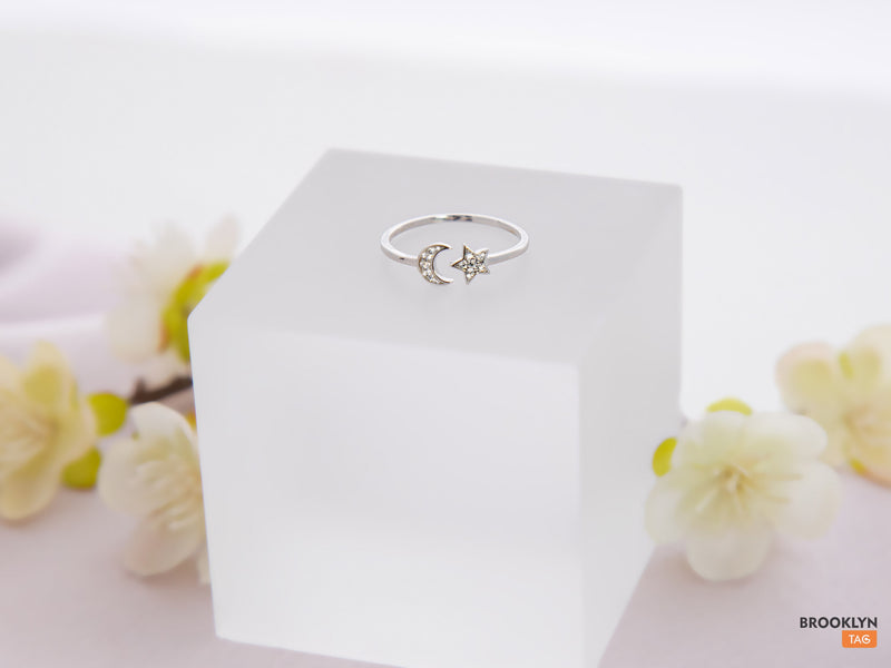Moon and Star Ring, Adjustable Ring, Gift For Her, Celestial Jewelry, Stacking Ring, Dainty Minimalist Ring, Crescent moon ring