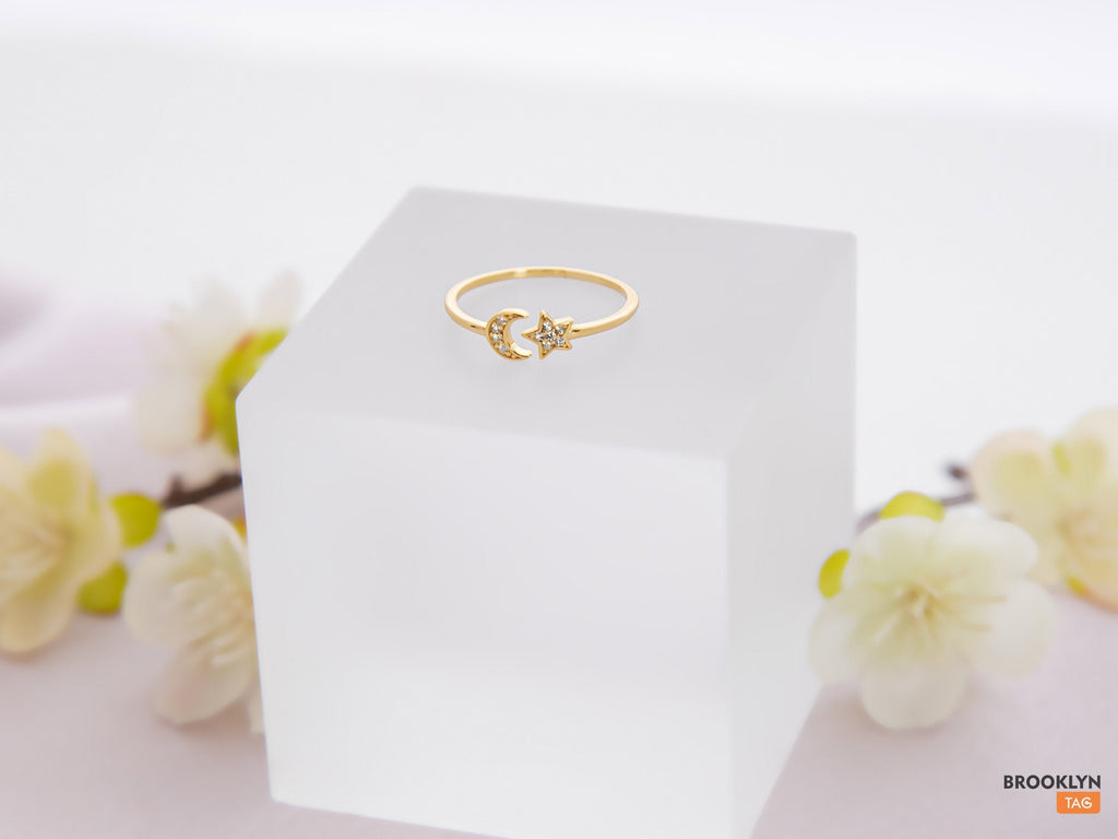 Moon and Star Ring, Adjustable Ring, Gift For Her, Celestial Jewelry, Stacking Ring, Dainty Minimalist Ring, Crescent moon ring