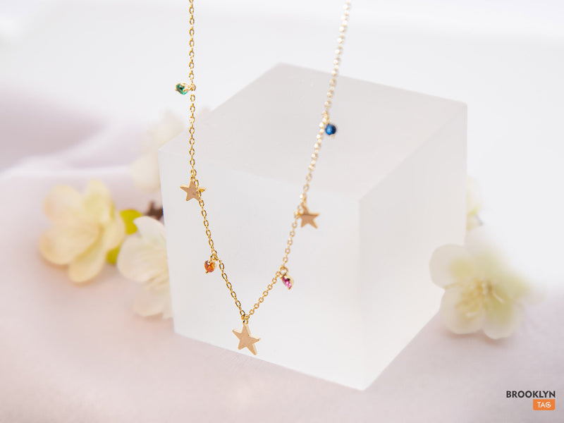 Gold Chain Necklace with Tiny stars and CZ stones, celestial Necklace, Gift for her, Dainty Gold necklace, Layering star necklace