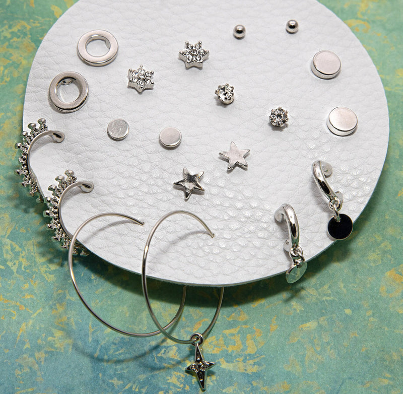 Mini Studs Set with 10 pair, Star studs and hoops, Celestial jewelry, Mix and Match earrings, silver stud earrings Set, Ready to Ship Gift