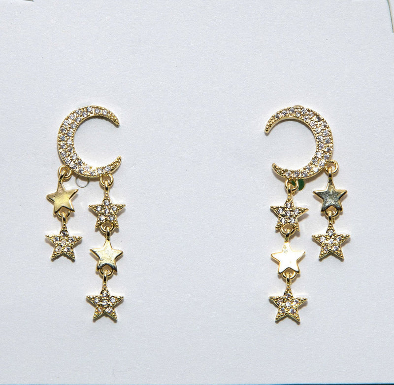 Moon and Star Studs with Zircon, Paved Moon studs with crystals, 14k gold plated Small Earrings, Dainty Earrings, Gift for her