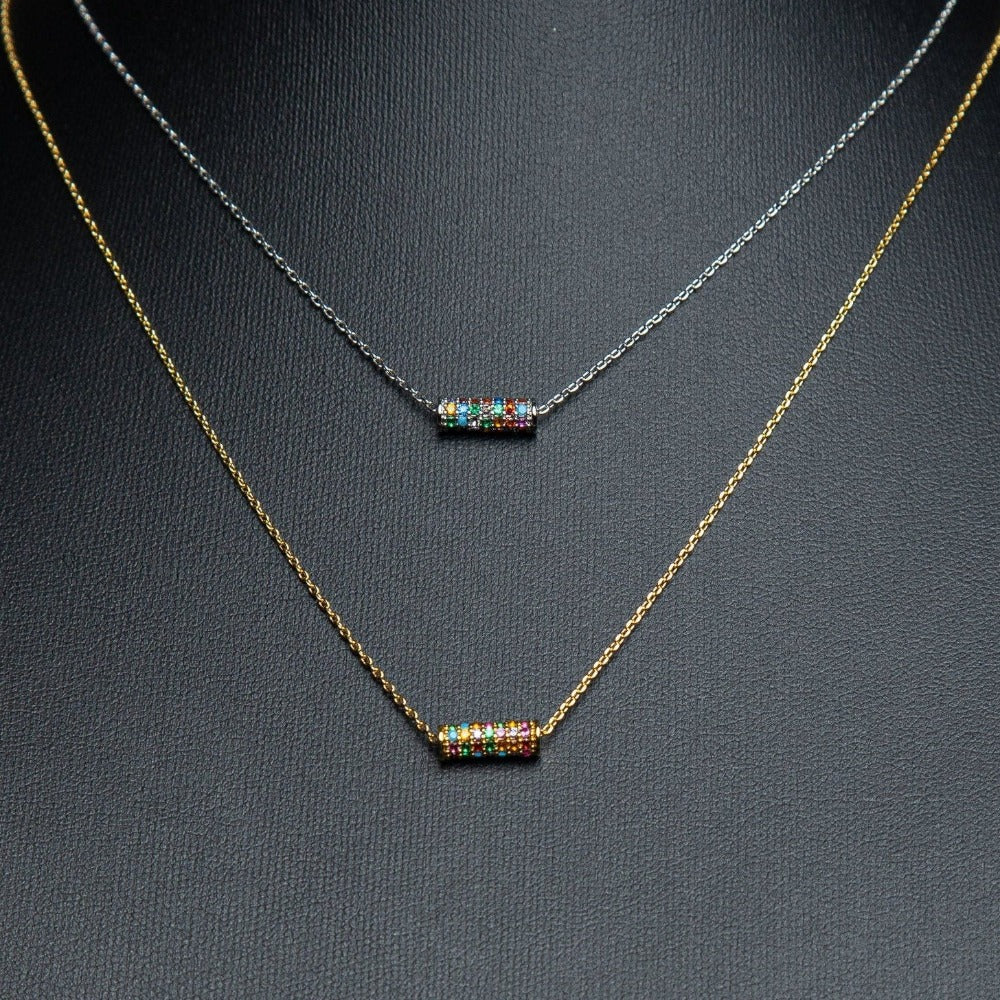 Paved Pendant Necklace, Colorful Bar Necklace, 14k Gold Plated Charm necklace, LGBT Gift Idea, Dainty necklace with charm