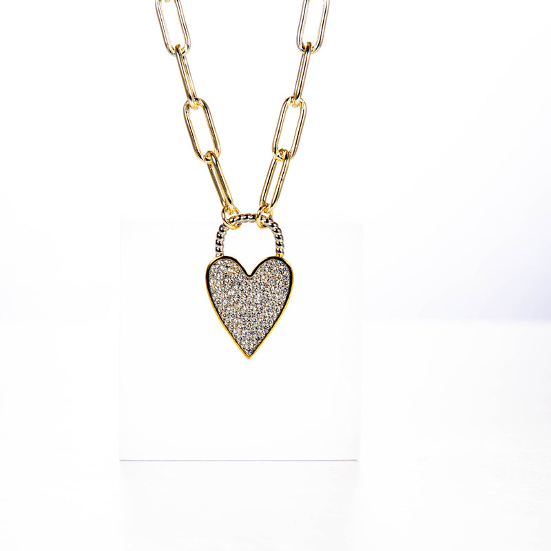 Paved Heart Pendant Necklace, Gold Chain Necklace, Layering necklace, Valentines Gift for her, Girlfriend Gift idea