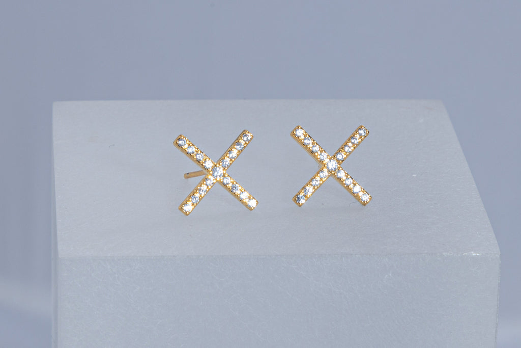 X Paved studs, 14k Gold Plated X jewelry, Cross earrings with Cubic Zircon, Mini Studs with crystals, Ready to Ship Gift