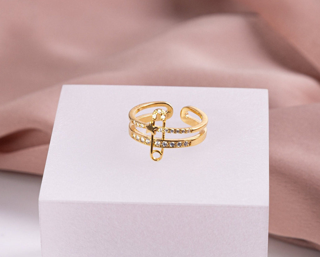 Safety Pin paved Ring, multi layered Adjustable Ring, Gold Statement ring, ZIrcon Gold ring, Birthday Gift