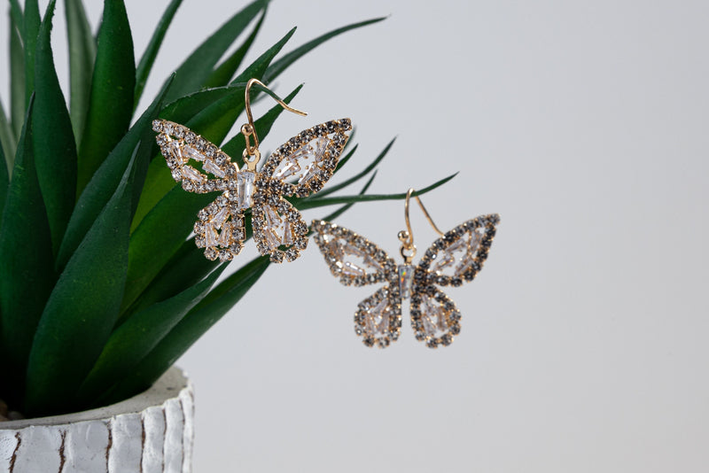 Butterfly Dangle Earrings, Drop Butterfly earrings, Zircon Paved Gold Butterfly Earrings, Ready to Ship Gift