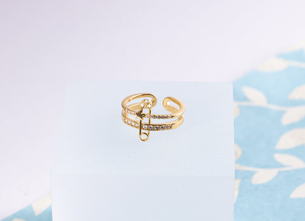 Safety Pin paved Ring, multi layered Adjustable Ring, Gold Statement ring, ZIrcon Gold ring, Birthday Gift