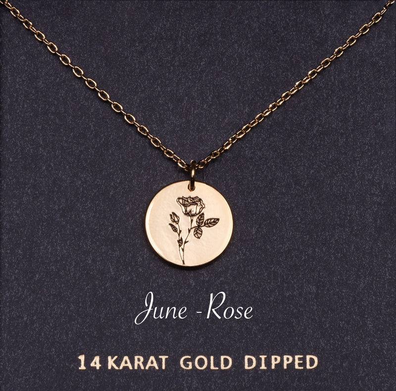 Birth Flower Necklace June, Rose necklace, Bridesmaids gift, 14k Gold Dipped Flower pendant, Dainty Birth month floral Jewelry