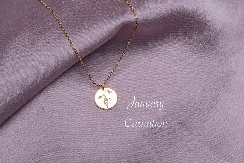 January Birth Flower Necklace, Personalized Flower medallion, Birth month Flower pendant, Dainty necklace 14k gold dipped, Gift for her